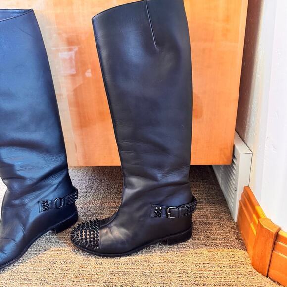 Christian Louboutin Egoutina Tall Riding Boots spiked stud black leather pull-on - Picture 13 of 15